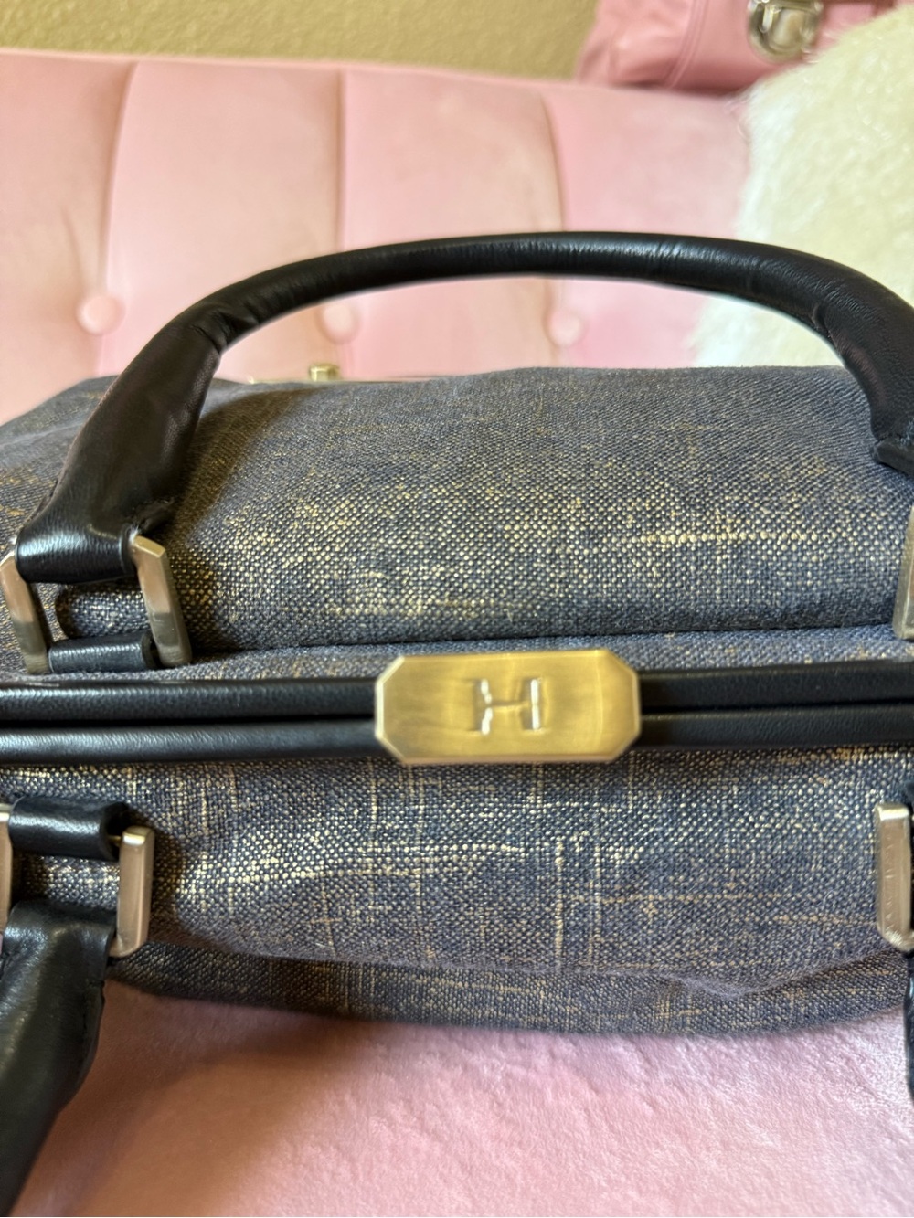Halston Heritage Brushed Denim/Gold Doctors Bag w Leather Trim & Gold Hardware - Picture 13 of 16